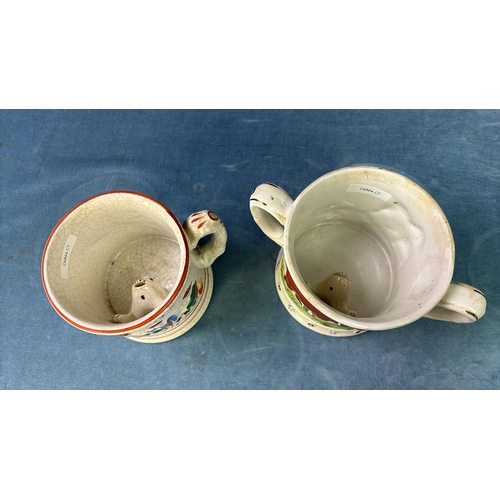 108 - 2 rare finds, a C1840s Prattware mug with tavern scene and, interestingly, a frog featuring inside c... 