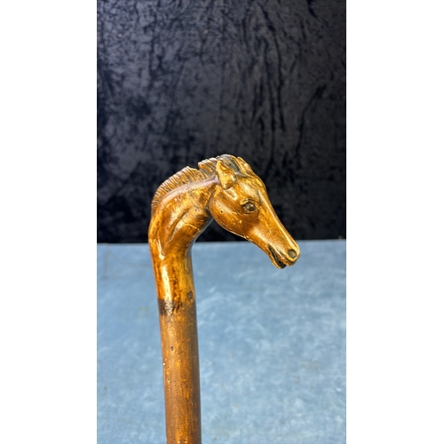 139 - A grand group of 5 walking sticks featuring carved wood and brass animal heads . Unusual horse head ... 