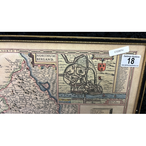 18 - Vintage framed print of 1610 John Speede map of Northumberland, frame approx 43.5cm x 57cm