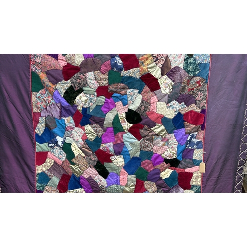 183 - Beautiful hand sewn quilt in gorgeous blue and purple tones with gold thread heart embellishment 230... 