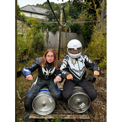 191 - A real leather The Crow biker's jacket in black and white with Hein Gericke full bikers suit in blue... 