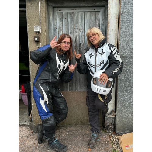 191 - A real leather The Crow biker's jacket in black and white with Hein Gericke full bikers suit in blue... 