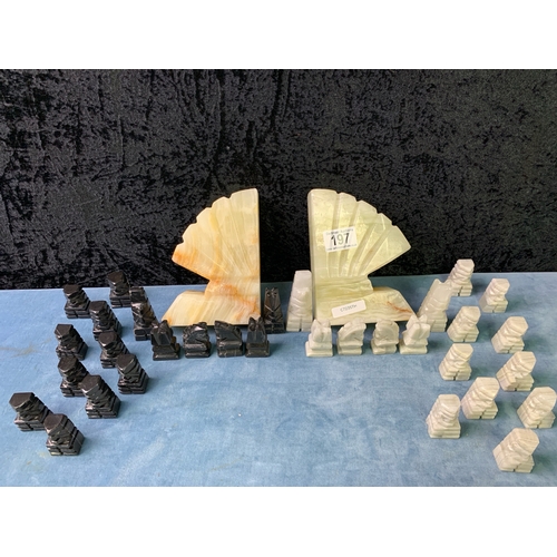 197 - Vintage chess pieces Aztec /Mayan style carved creamy white stone and black stone. .Height of King 9... 