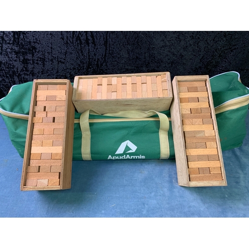 207 - 3 wooden boxed sets of Jenga,  along with a ApudArmis set of mini croquet in original bag