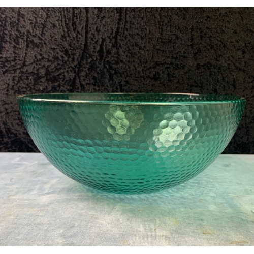 309 - Turquoise coloured glass bottles with grape design stoppers and a large glass fruit bowl