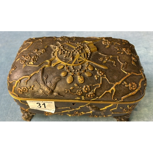 31 - Japanese / Oriental style heavy metal jewellery box with intricate design depicting birds, flowers, ... 