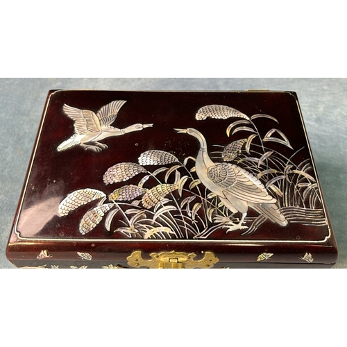 33 - Japanese style jewellery box with inlaid mother of pearl design depicting birds, approx 12cm x 22.5c... 