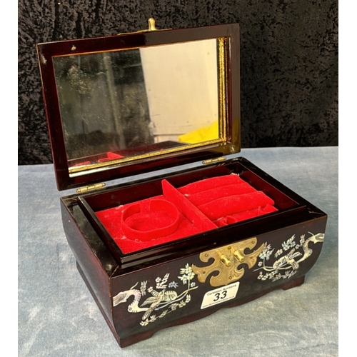 33 - Japanese style jewellery box with inlaid mother of pearl design depicting birds, approx 12cm x 22.5c... 