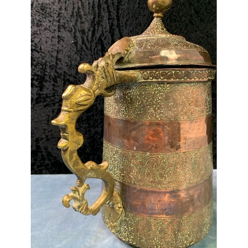 364 - Very impressive antique Islamic copper and brass jug, approx 33cm tall