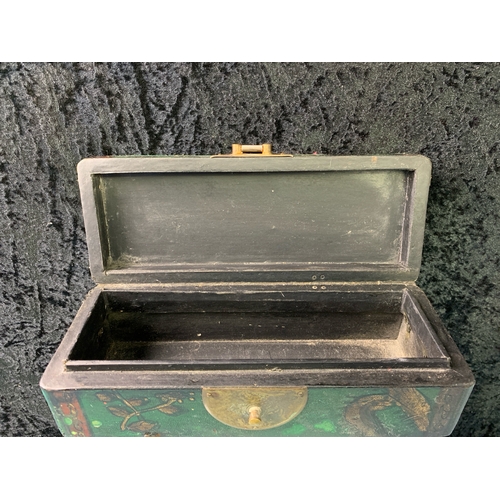 367 - Old lacquered Chinese box with brass handles and lock