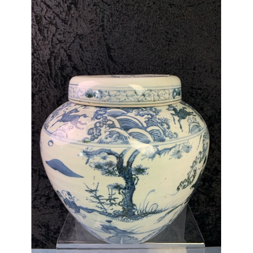 382 - Large OKA Oriental / Chinese style lidded ginger jar with blue and white design, approx 24cm tall