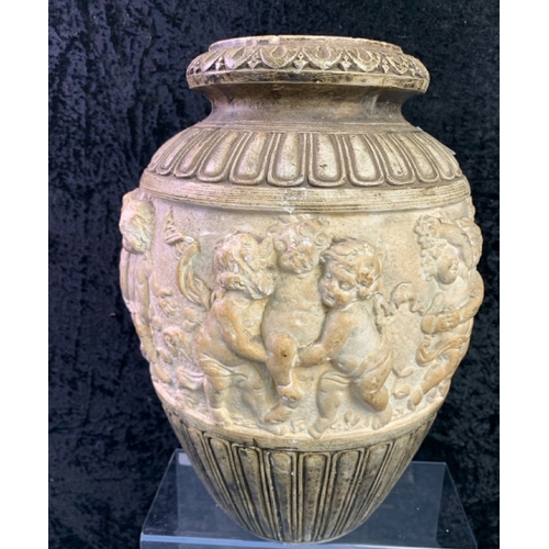 384 - Heavy antique china vase decorated with raised putti / cherub figures, approx 30cm tall