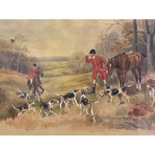 398 - Hunting scene painting on material (possibly silk), frame measures approx 16cm x 19cm