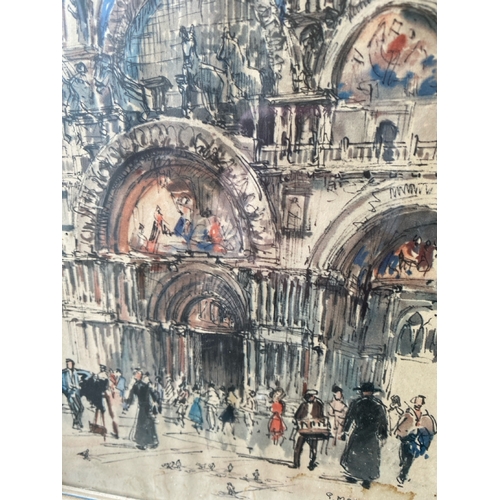 401 - Pen and ink drawing of St. Mark's Basilica in Venice signed G. Marco, frame approx 31cm x 21cm