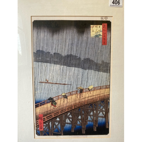 406 - Utagawa Hiroshige print of
‘Sudden Shower over Shin-Ohashi Bridge and Atake’ frame approx 54cm x 41c... 