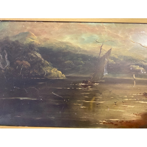 407 - Large oil on board of a lake sailing scene, frame approx 60cm x 127cm, Indistinctly signed, some dam... 