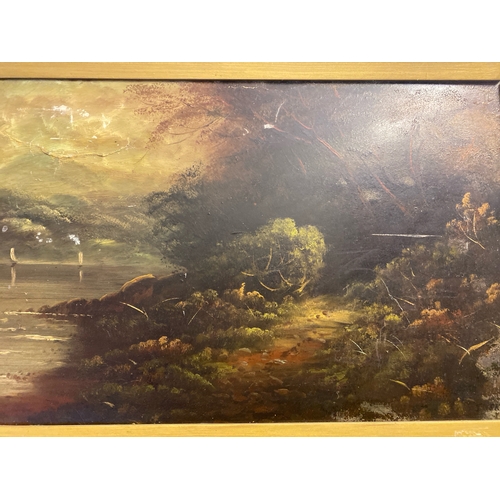 407 - Large oil on board of a lake sailing scene, frame approx 60cm x 127cm, Indistinctly signed, some dam... 