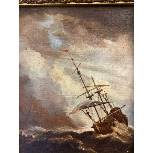 408 - Overpainted print on canvas of ships in stormy seas, gilt frame approx 39cm x 34cm