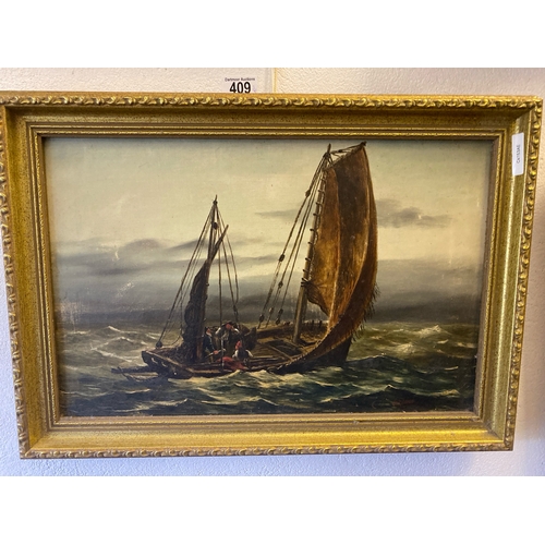 409 - Oil on canvas painting of fishing sailboat at sea, signed C.E. Palmer, frame approx 37cm x 52cm