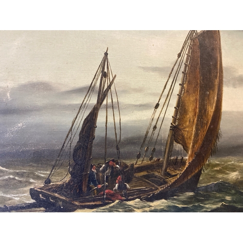 409 - Oil on canvas painting of fishing sailboat at sea, signed C.E. Palmer, frame approx 37cm x 52cm