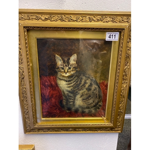 411 - Framed and glazed acrylic painting of a tabby cat in a gilt frame, no visible signature, frame appro... 