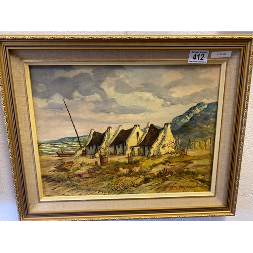 412 - Framed acrylic on board painting of cottages in a mountainous coastal scene by Ockert Vermeulen, fra... 