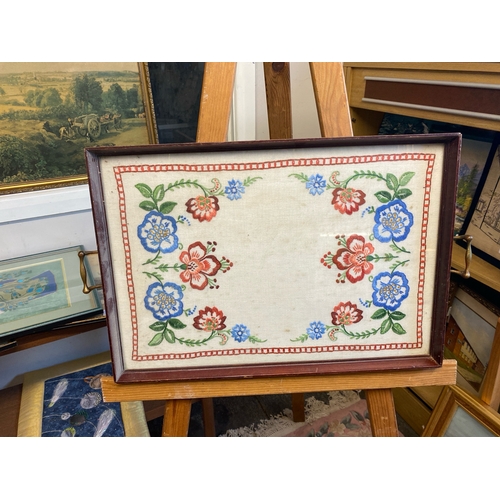 416 - Two framed prints (or a rose and a hunting scene), a wooden tray with an embroidery insert /!; two m... 