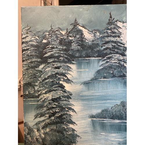 419 - Two oil on canvas paintings of mountain lake scenes, framed picture approx 35cm x 45cm, other approx... 