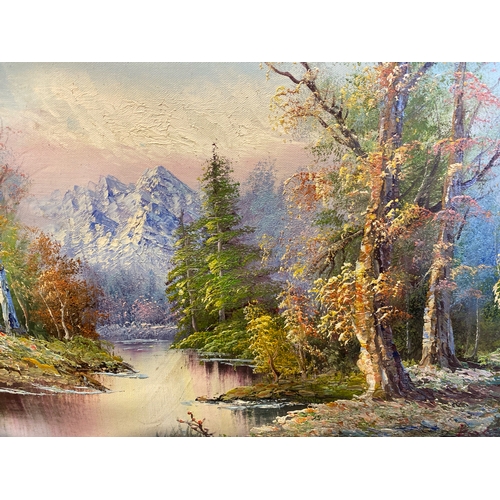 419 - Two oil on canvas paintings of mountain lake scenes, framed picture approx 35cm x 45cm, other approx... 