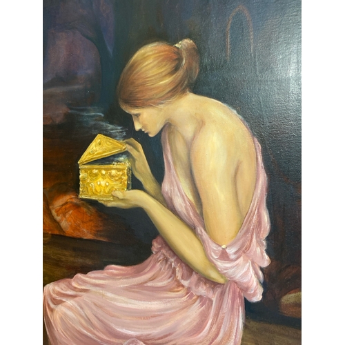 431 - Large framed oil on canvas painting of a young lady opening a casket, possibly based on the 1903 Joh... 