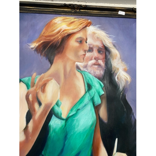 432 - Large oil on canvas of Robert Lenkiewicz with a mistress by Patricia Loveland in darkened gilt frame... 