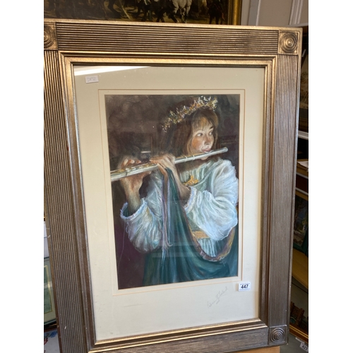 447 - Beautifully framed large acrylic   painting of a girl playing the flute by Patricia Loveland dated 2... 