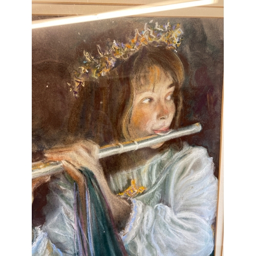 447 - Beautifully framed large acrylic   painting of a girl playing the flute by Patricia Loveland dated 2... 