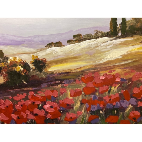 453 - Large oil on canvas depicting a  countryside valley view from. Poppy field, unsigned, approx 89cm x ... 