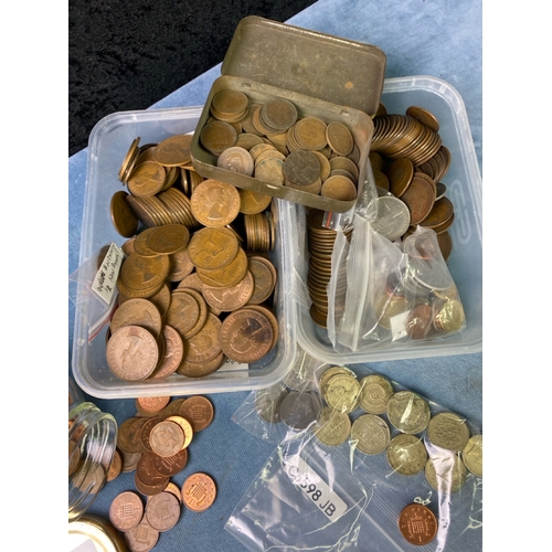 517 - Decimal and pre-decimal coinage Inc £1 coins, coppers, and some foreign currency, plus a tin contain... 