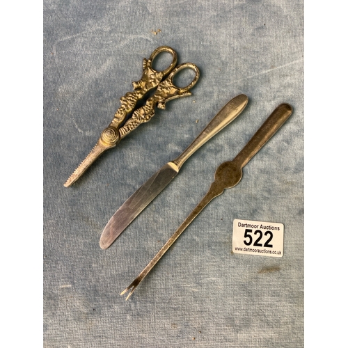 522 - A very ornate pair of grape scissors, Marrow or shellfish Scoop and Army butter knife