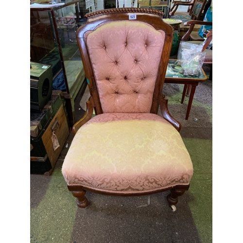 625 - Antique walnut and upholstered bedroom chair with turned legs and original ceramic casters.