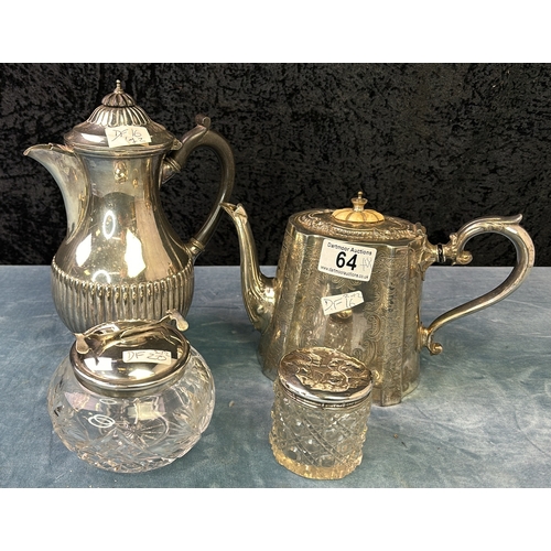 64 - Silver plated tea and coffee pots along with a silver topped dressing table jar and a cut glass suga... 