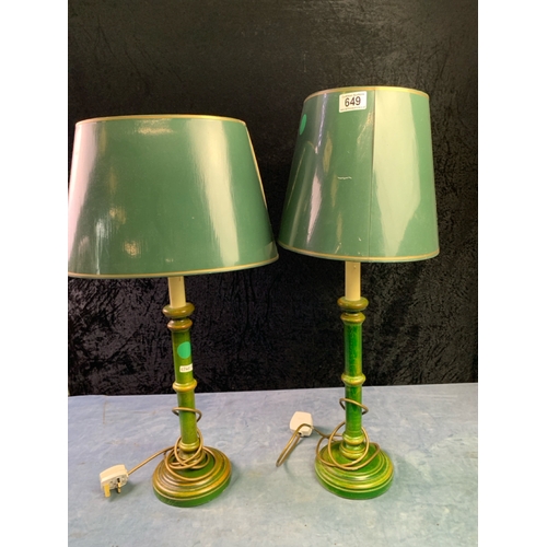 649 - Matching pair of painted wooden occasional lamps.  H70cm to top of shade.