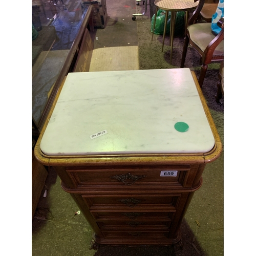 659 - Antique French nightstand with marble top.  Drop down front storage for washbowl etc.  3 further sta... 