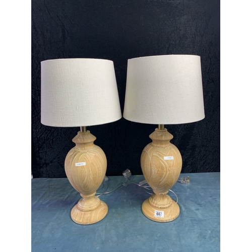 663 - Matching pair decorative wooden table lamps with neutral shades.  H65cm