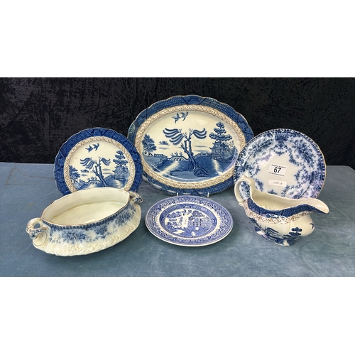 67 - Good collection of blue and white dinnerware including Booths Real Old Willow (8 x dinner plates (1 ... 