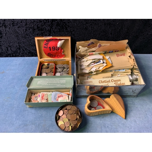 695 - A mixed box of collection of vintage stamps, boxes and coins