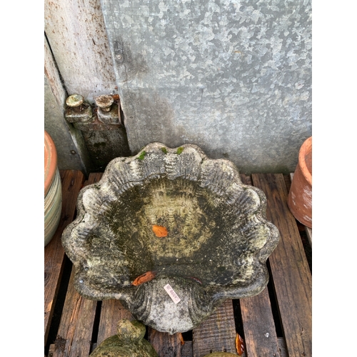 732 - 3 pieces of garden ornamentation inc a clam/seashell  cast concrete birdbath