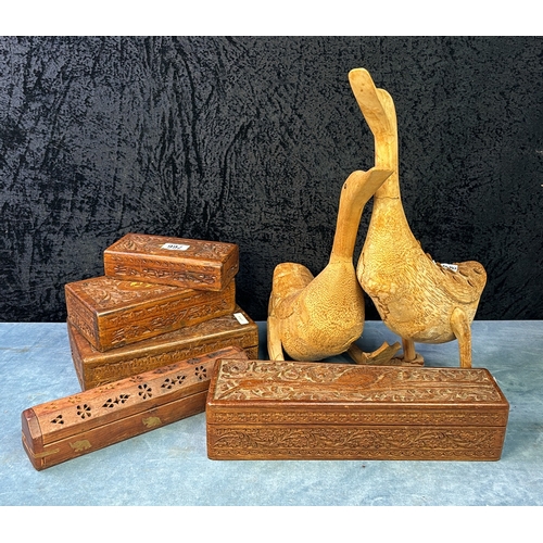 766 - Lovely Lot of Indian style carved wooden boxes with 2 fab wooden Geese Tallest 44cm approx