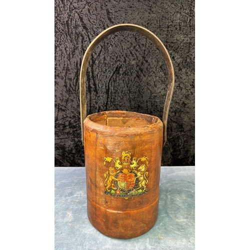 79 - Vintage wooden skin drum (33.5cm tall), an antique leather bound fire bucket with and English crest ... 