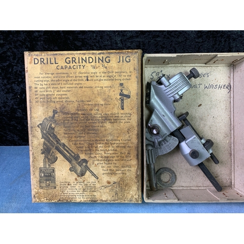 859 - Drill grinding jig in original box with various other engineering tools inc micrometers