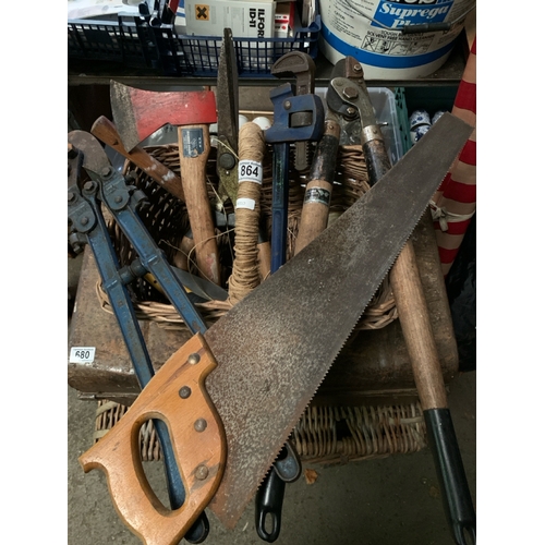 864 - Old wicker basket with a collection of useful tools inc shears, pruning shears, chopper etc