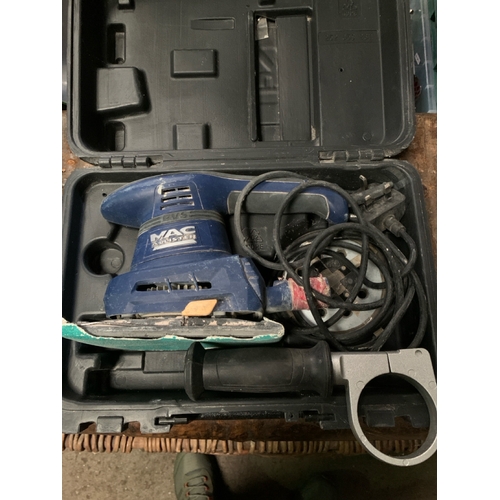 875 - A box of mixed tools inc belt sander, boxed McAllister sander etc