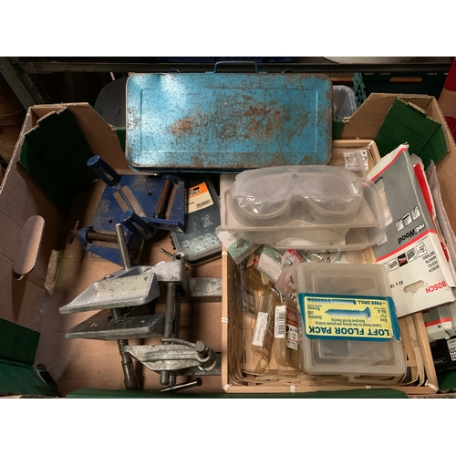 876 - A box of mixed carpentry tools inc clamps, goggles etc and a collection of vintage rope making tools